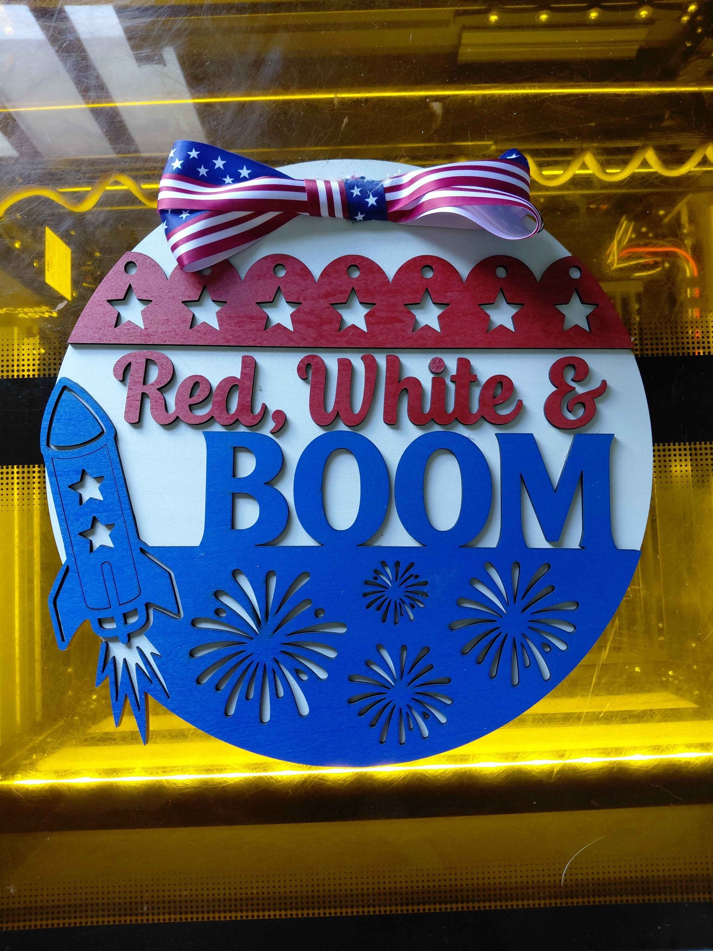 Red White and Boom Door Hanger Fireworks Themed 12" Across