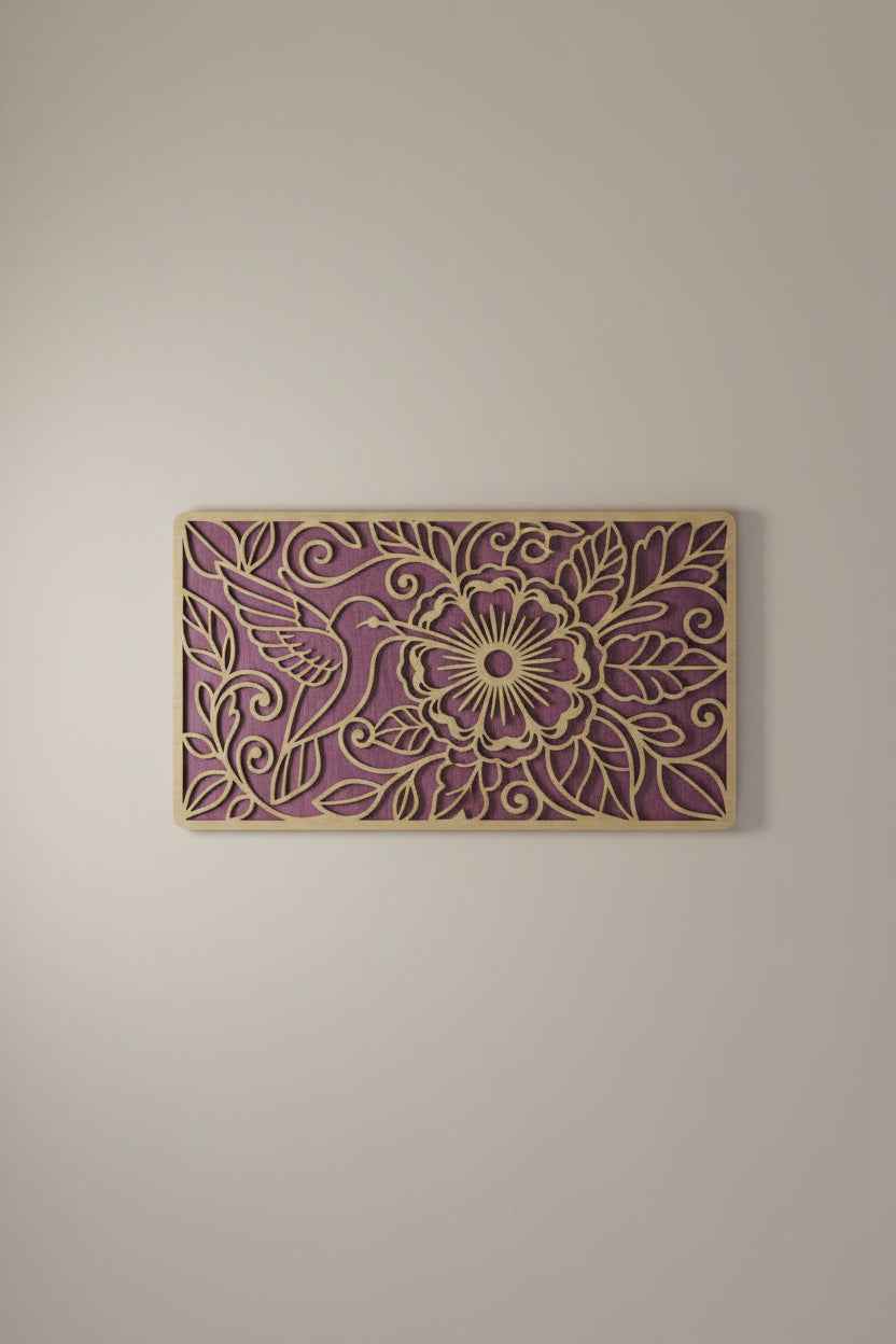 Hummingbird and Flowers Wall Art - 12" x 18" - Laser Cut 2 Layer
