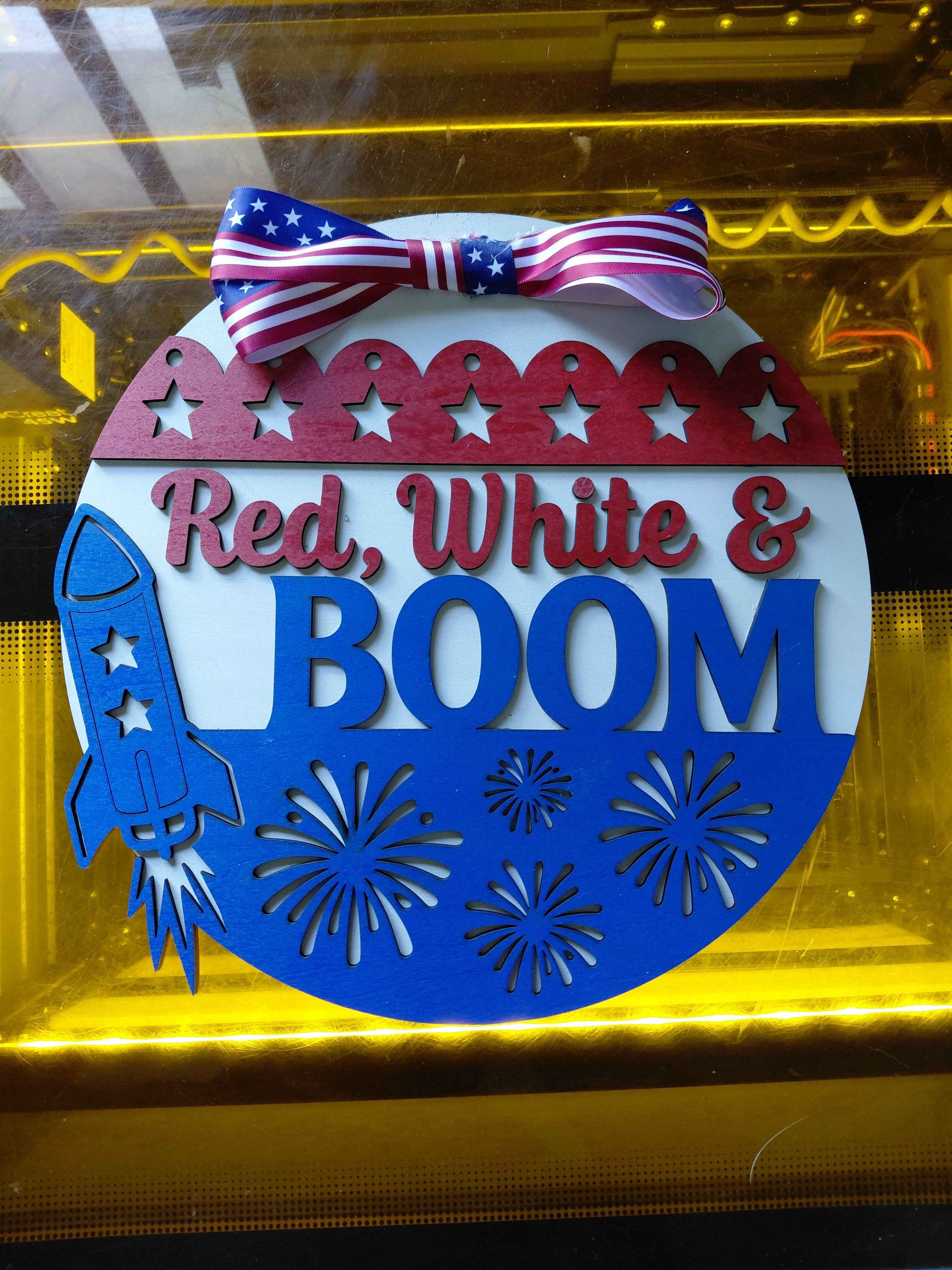 Red White and Boom Door Hanger Fireworks Themed  12" Across