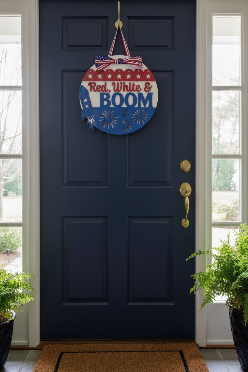 Red White and Boom Door Hanger Fireworks Themed  12" Across