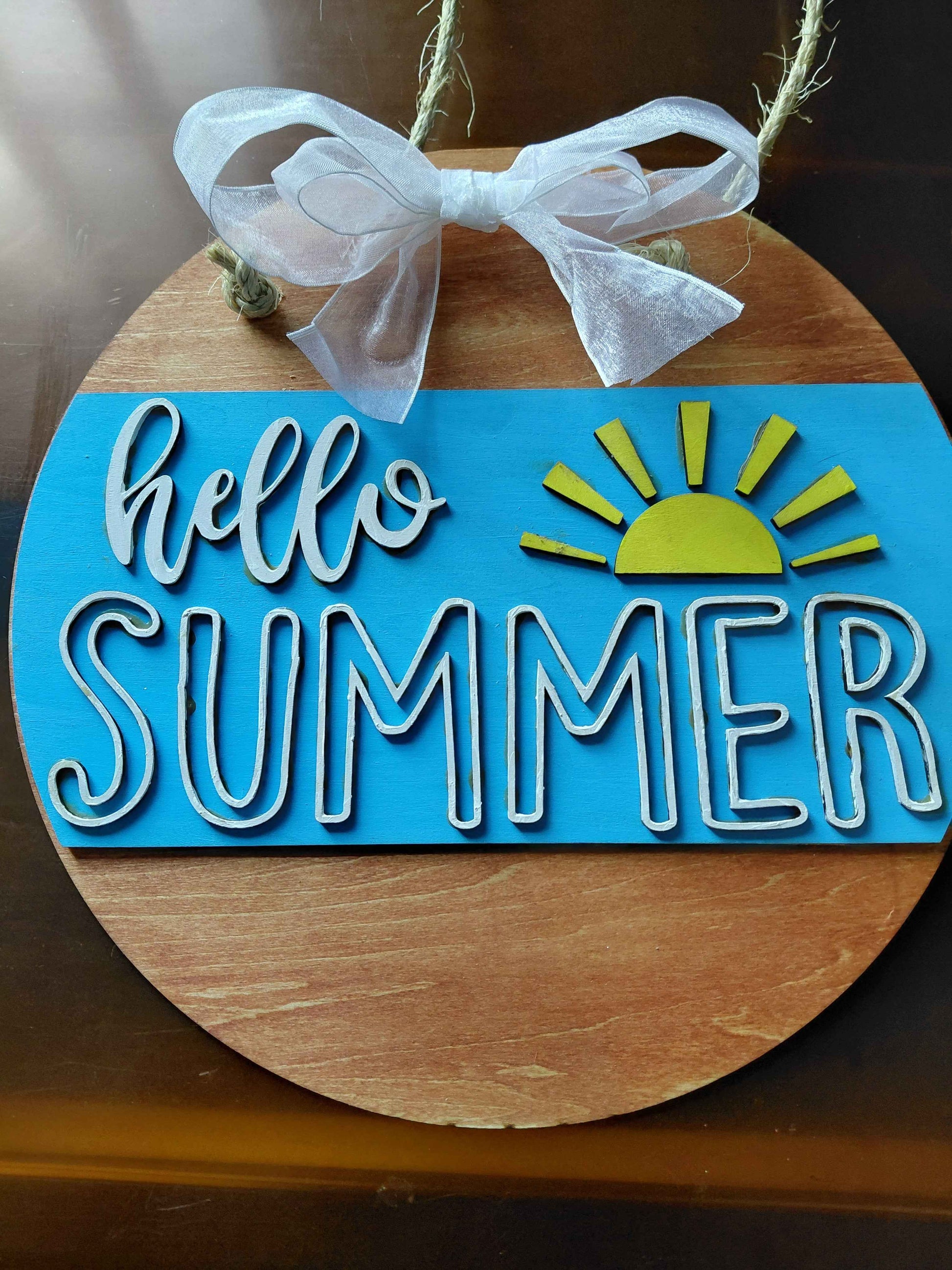 Hello Summer Door Hanger - Sunshine Laser Cut 3D Wood Round Door Sign