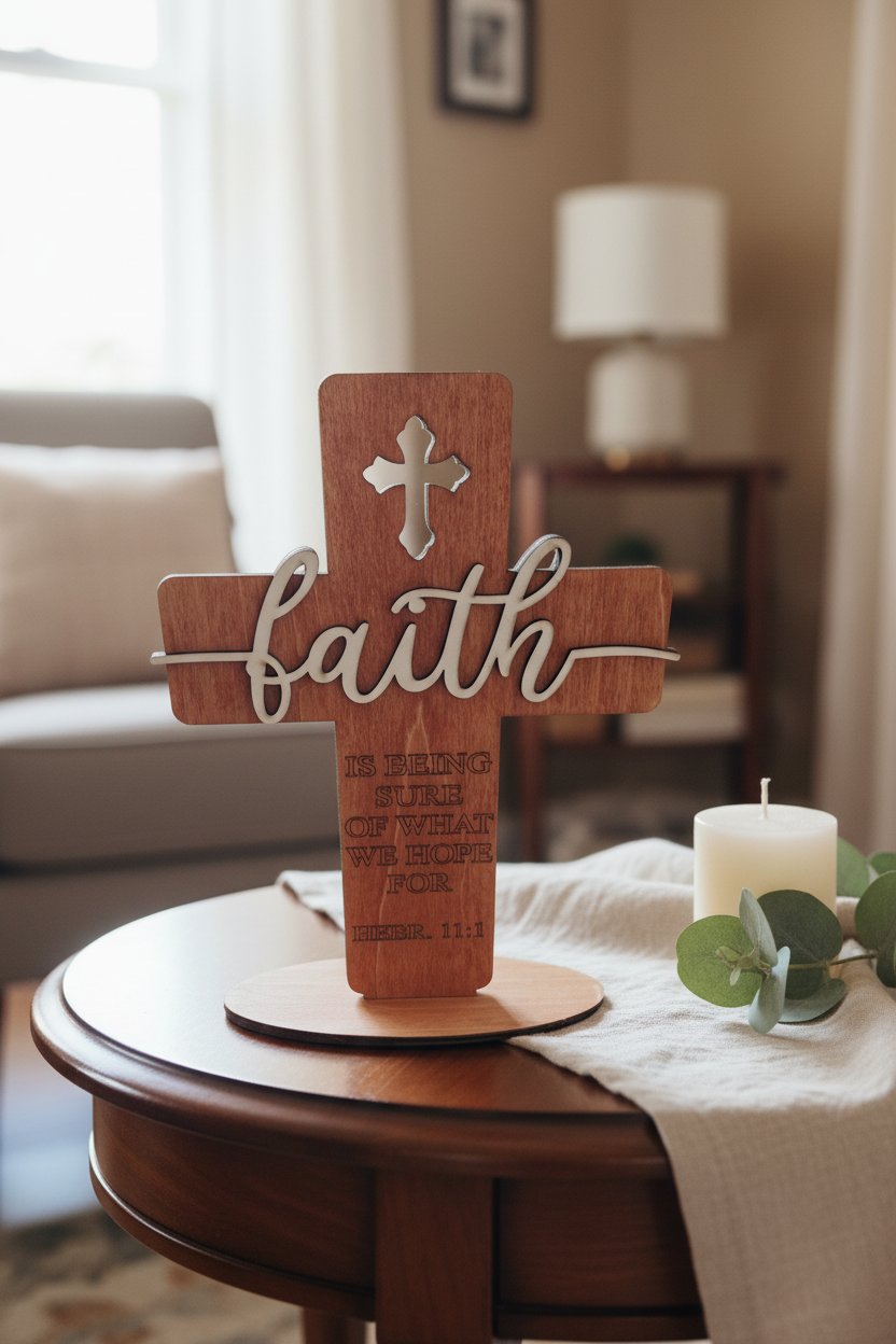 Laser Engraved Standing Faith Cross on Side Table